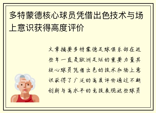多特蒙德核心球员凭借出色技术与场上意识获得高度评价